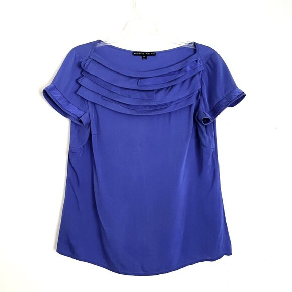 Antonio Melani Size M Blue Silk Blouse Short Sleeves Layered Front Pleats - Picture 1 of 8